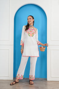 Kashmiri Short Kurti Set-(White)