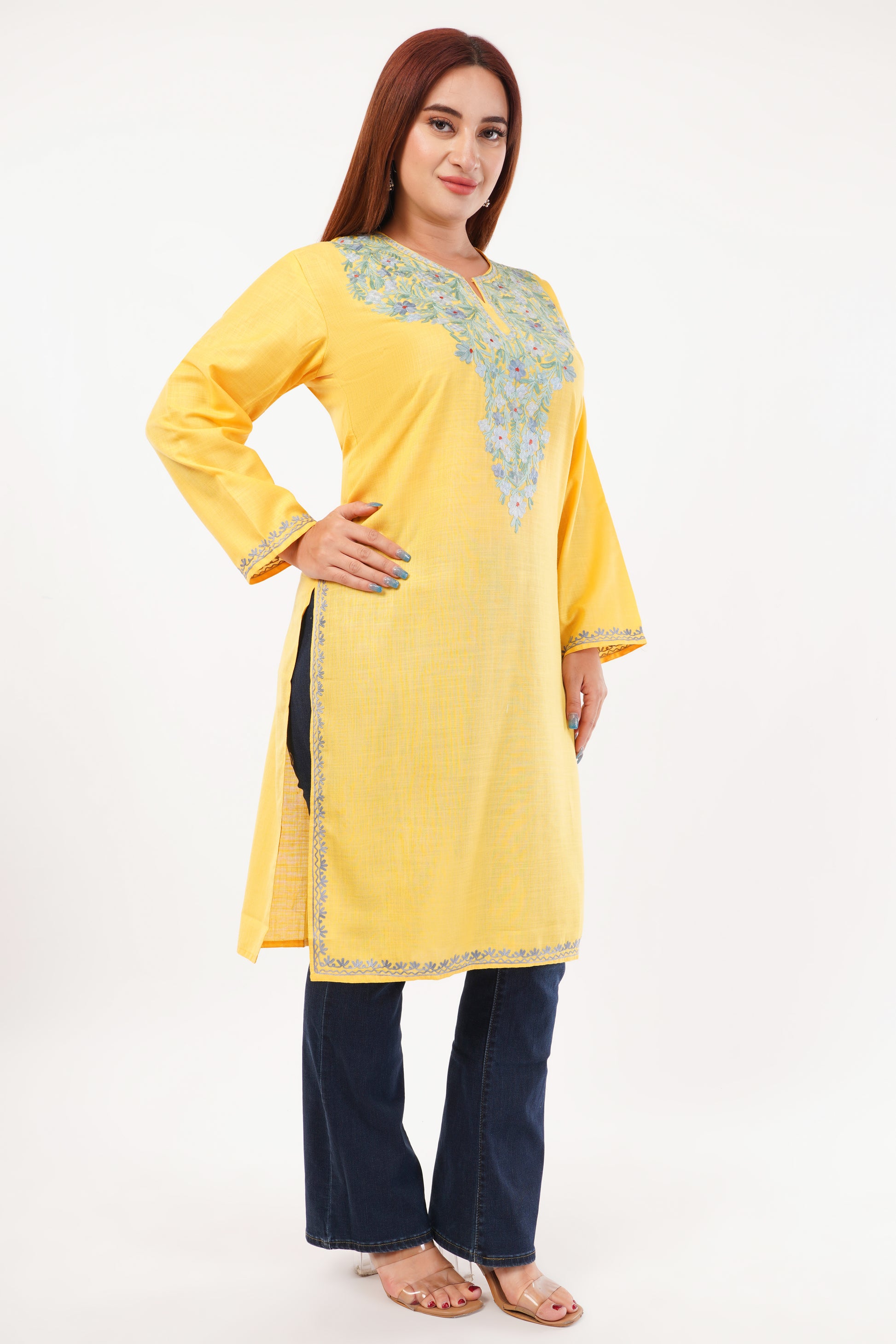 Kashmiri Aari embroidery Cotton Long Kurti Size-44(Yellow)