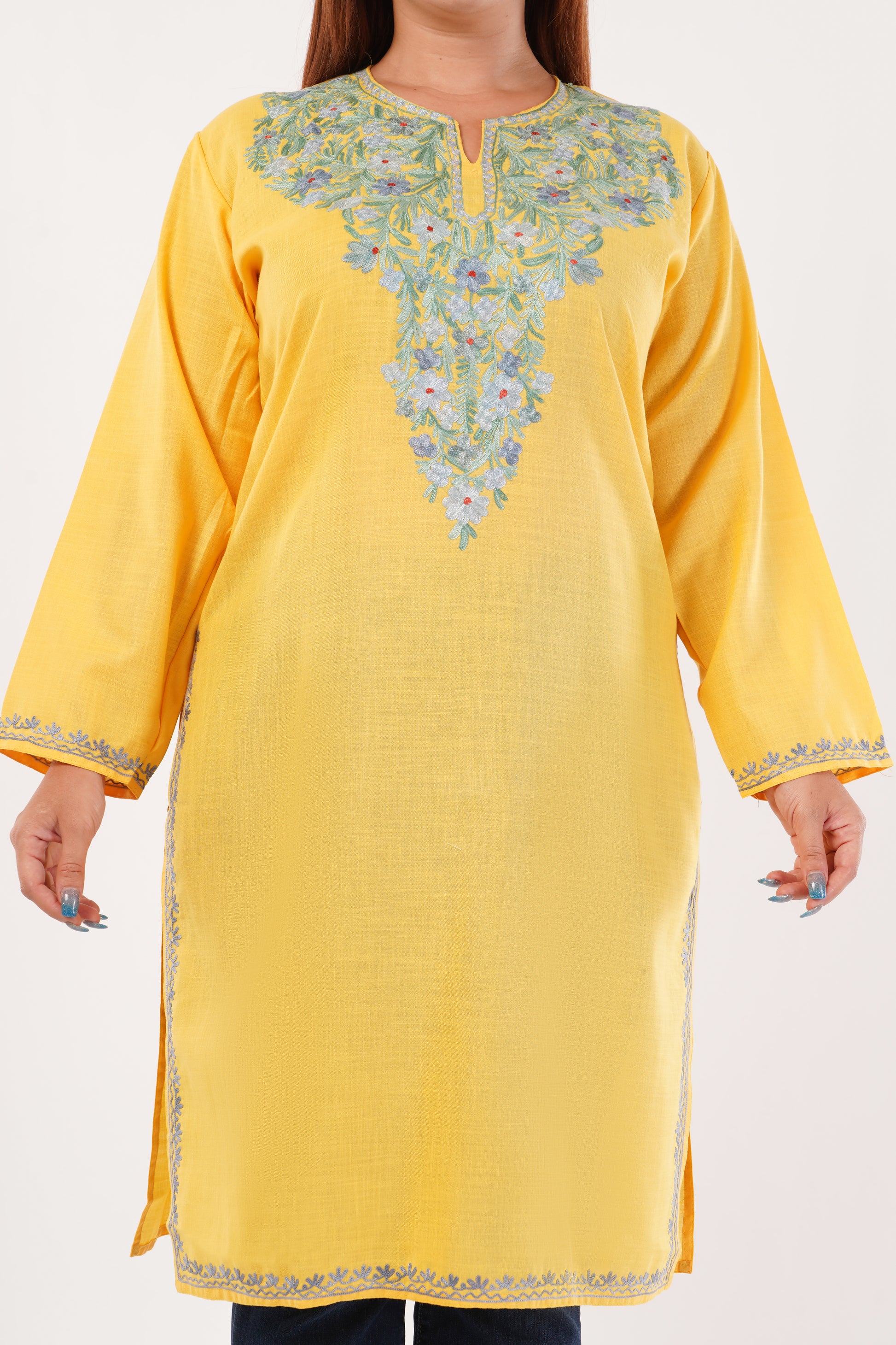 Kashmiri Aari embroidery Cotton Long Kurti Size-44(Yellow)