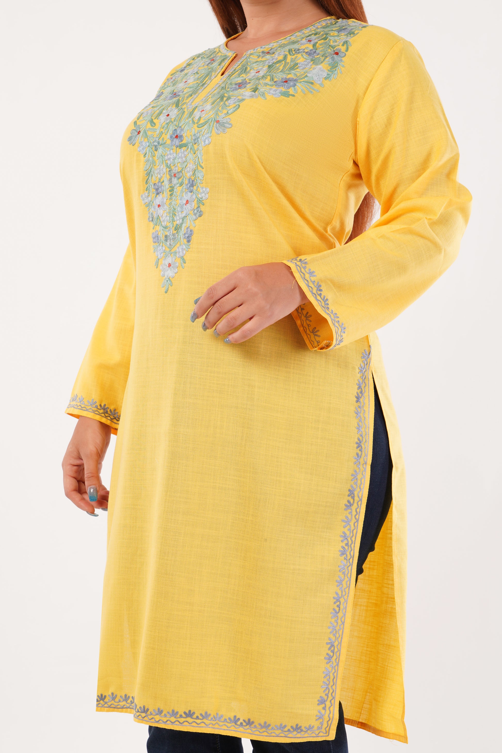 Kashmiri Aari embroidery Cotton Long Kurti Size-44(Yellow)