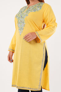 Kashmiri Aari embroidery Cotton Long Kurti Size-44(Yellow)