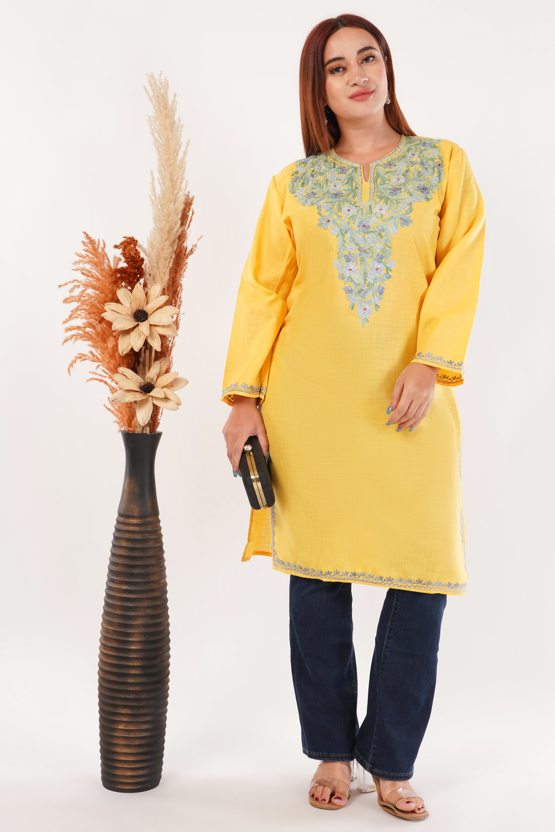 Kashmiri Aari embroidery Cotton Long Kurti Size-44(Yellow)