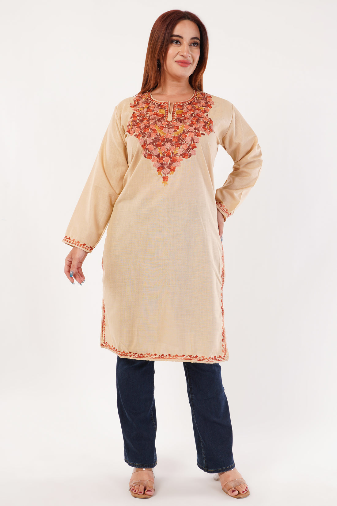 Kashmiri Aari embroidery Cotton Long Kurti Size-44(Beige)