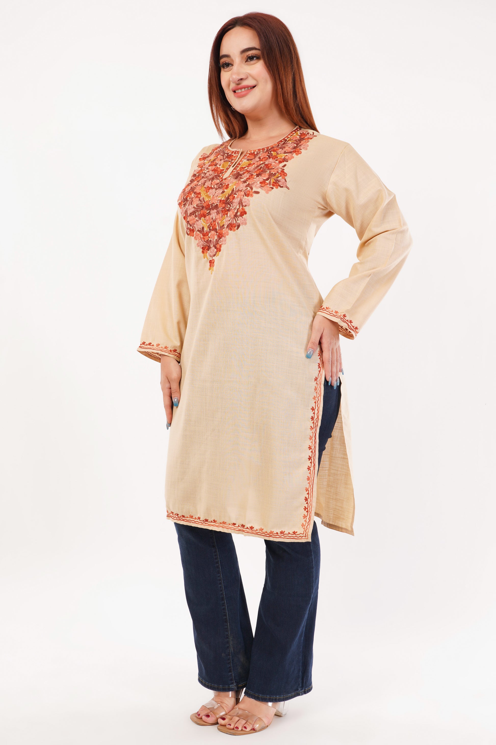 Kashmiri Aari embroidery Cotton Long Kurti Size-44(Beige)