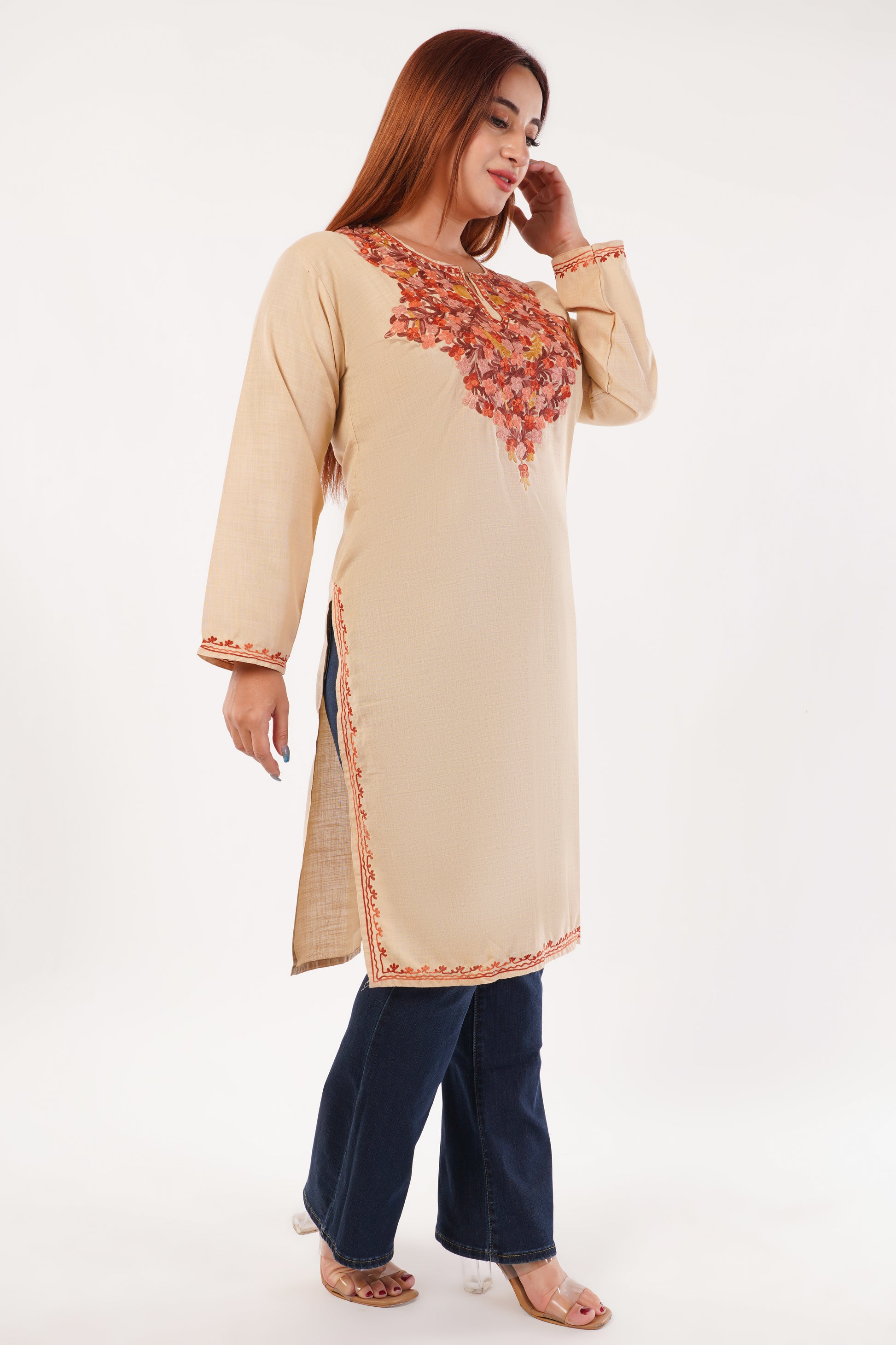 Kashmiri Aari embroidery Cotton Long Kurti Size-44(Beige)