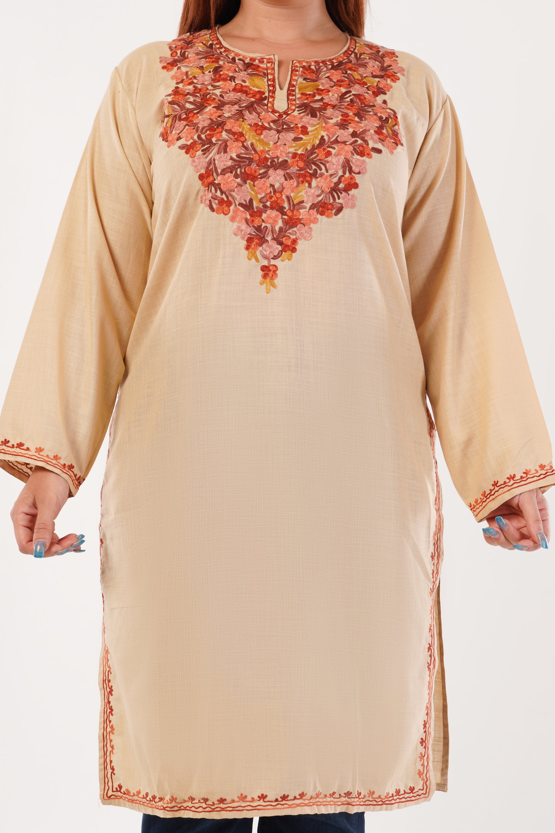 Kashmiri Aari embroidery Cotton Long Kurti Size-44(Beige)