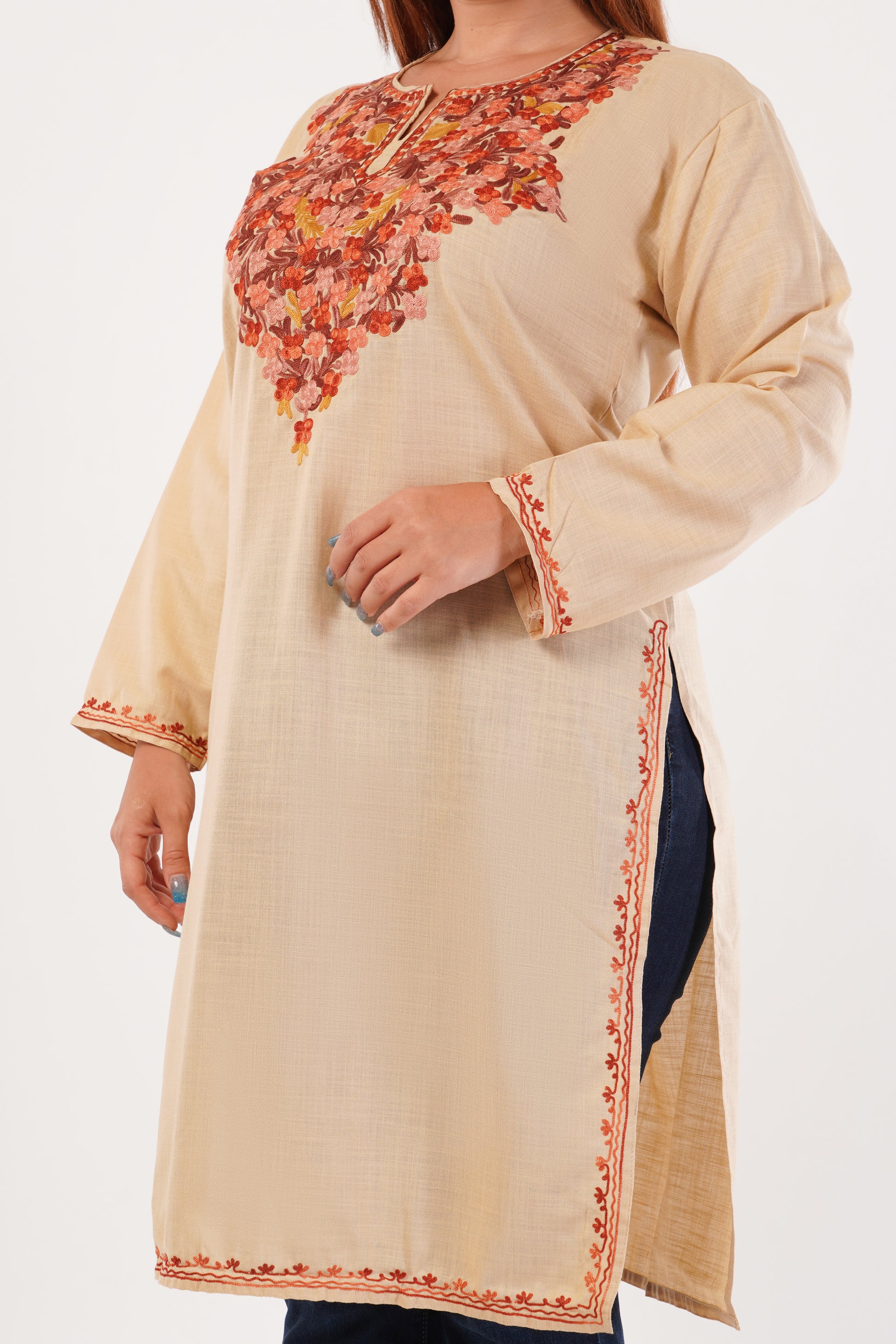 Kashmiri Aari embroidery Cotton Long Kurti Size-44(Beige)