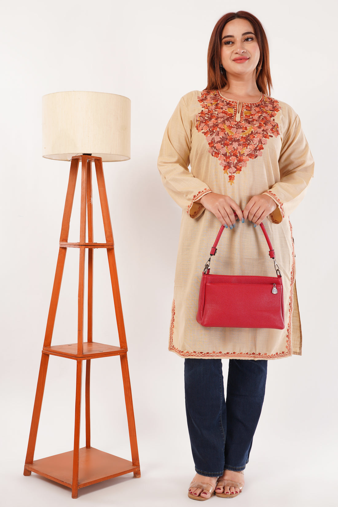 Kashmiri Aari embroidery Cotton Long Kurti Size-44(Beige)