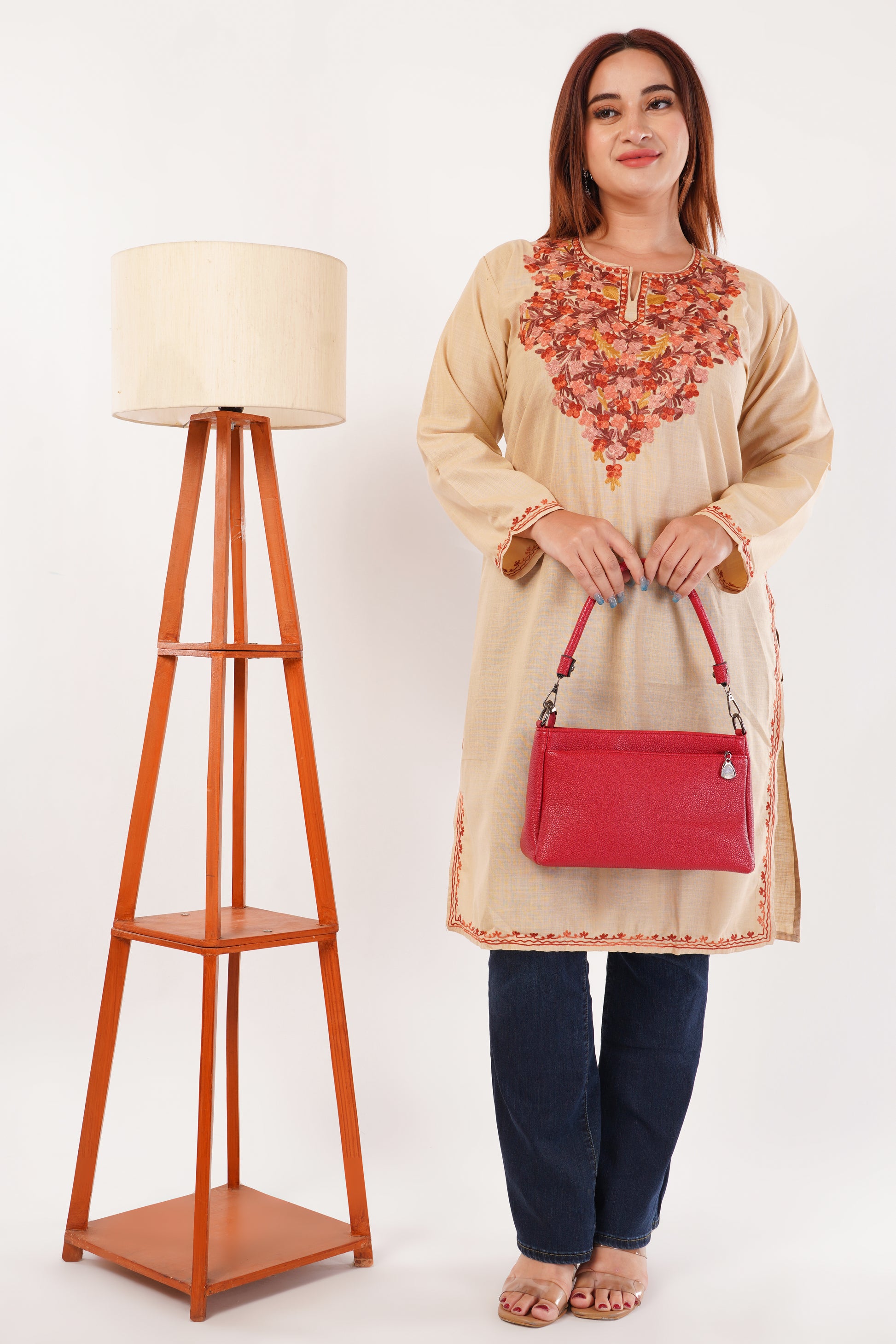 Kashmiri Aari embroidery Cotton Long Kurti Size-44(Beige)