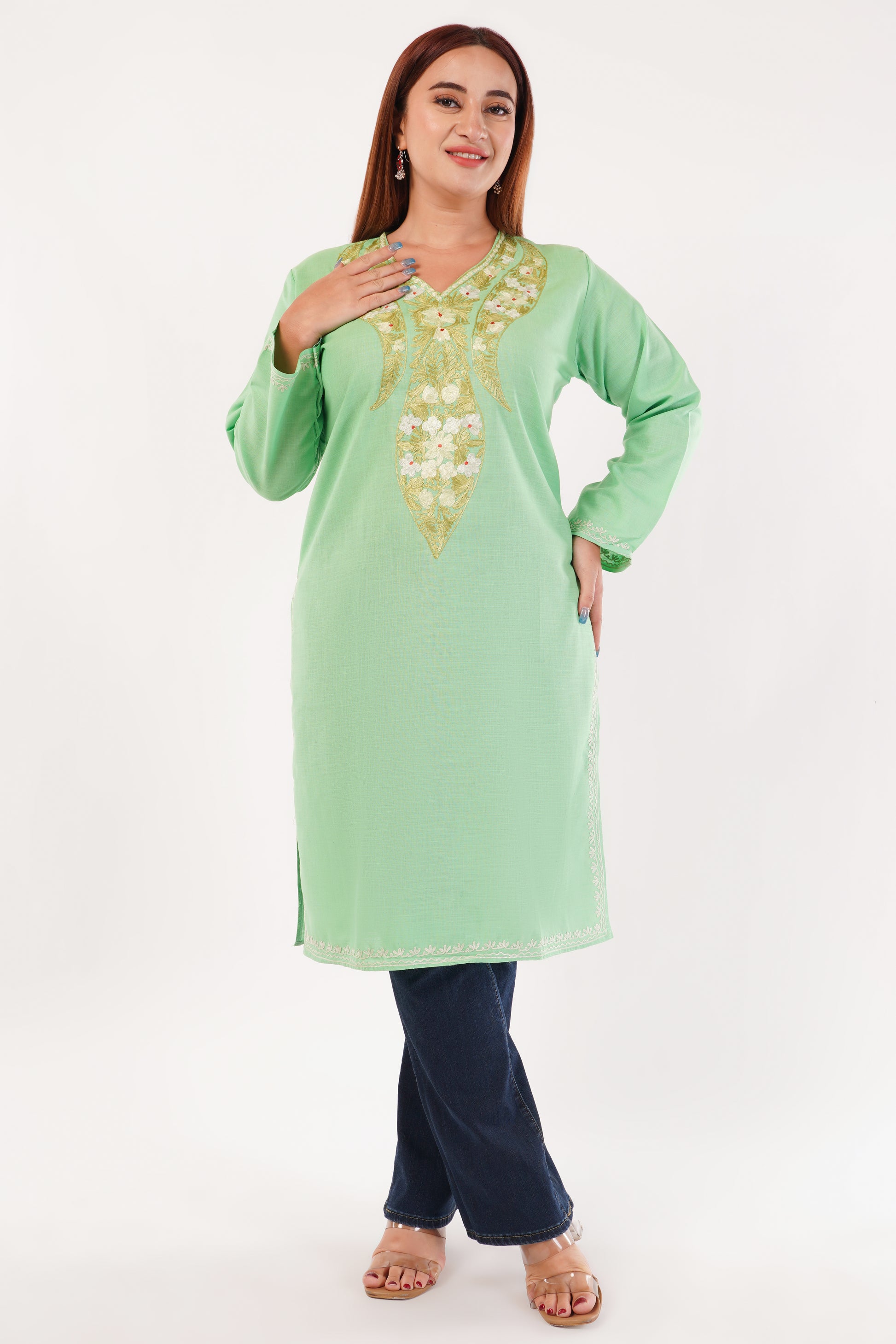 Kashmiri Aari embroidery Cotton Long Kurti Size-44(Green)