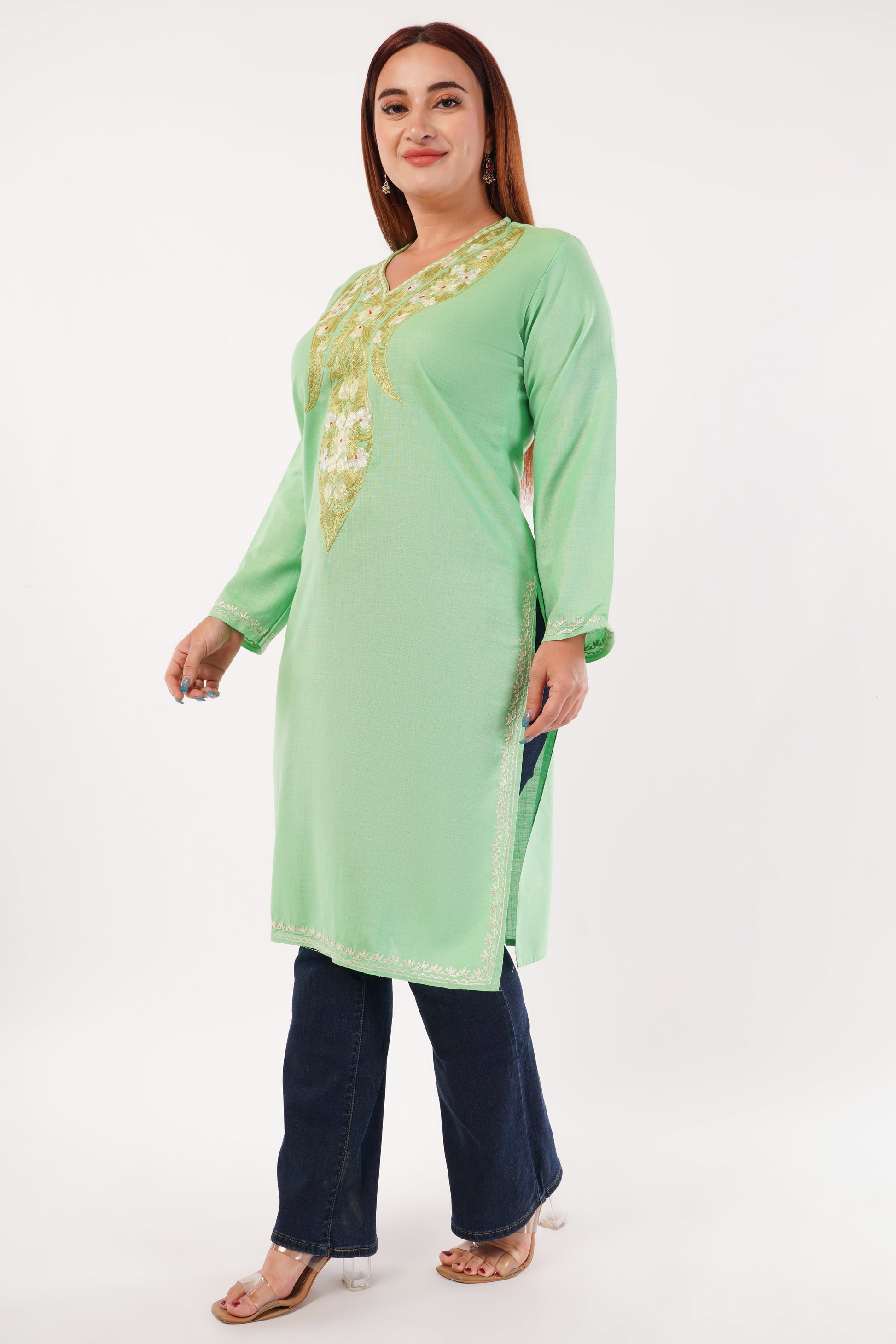 Kashmiri Aari embroidery Cotton Long Kurti Size-44(Green)