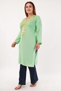 Kashmiri Aari embroidery Cotton Long Kurti Size-44(Green)