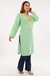 Kashmiri Aari embroidery Cotton Long Kurti Size-44(Green)
