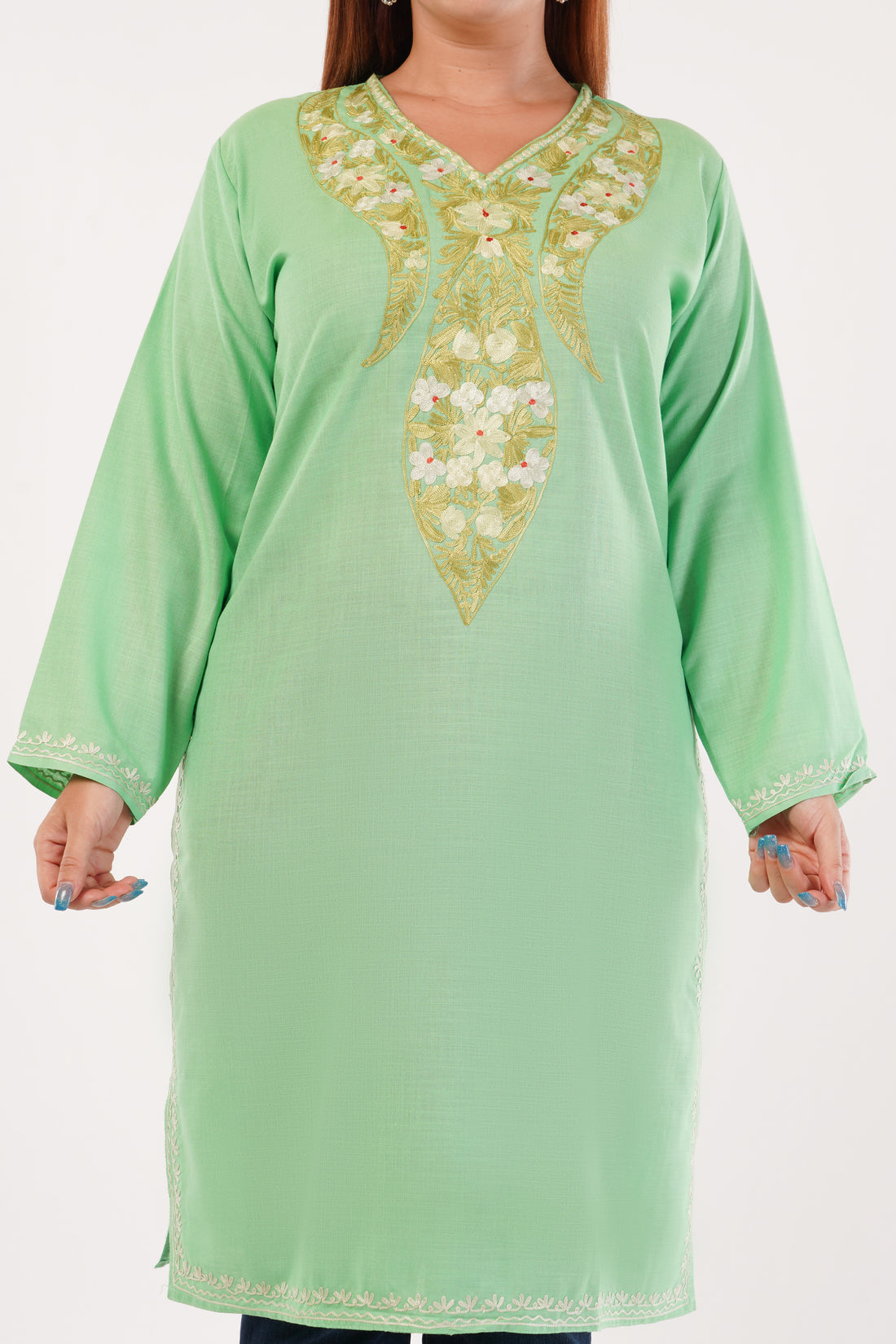 Kashmiri Aari embroidery Cotton Long Kurti Size-44(Green)