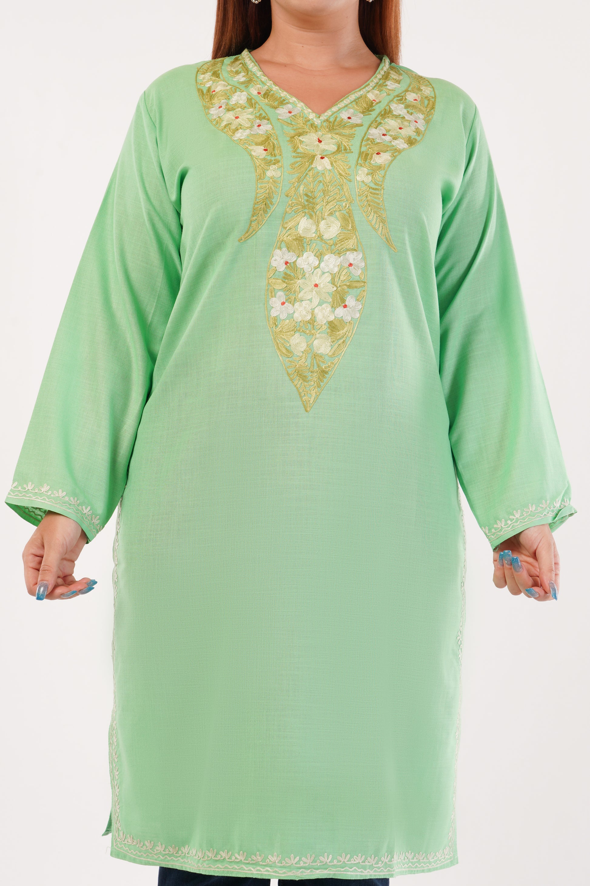Kashmiri Aari embroidery Cotton Long Kurti Size-44(Green)
