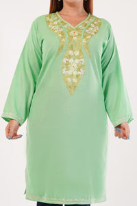 Kashmiri Aari embroidery Cotton Long Kurti Size-44(Green)