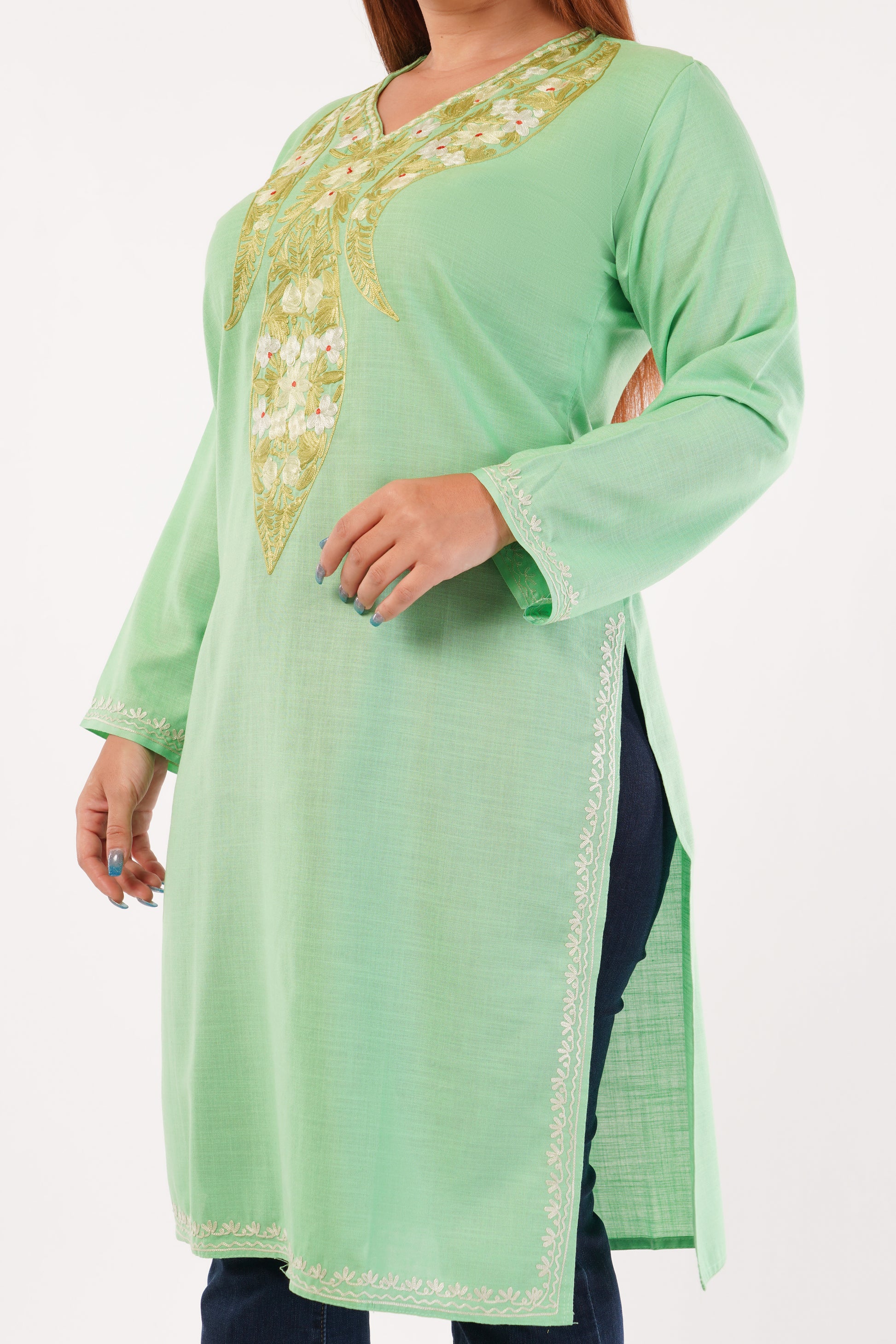 Kashmiri Aari embroidery Cotton Long Kurti Size-44(Green)