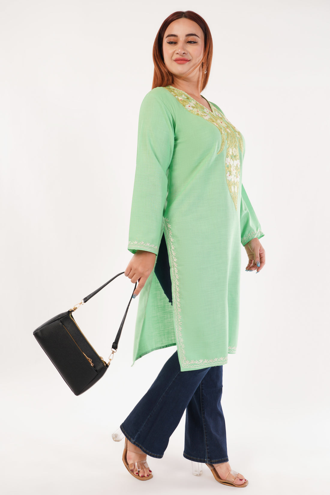 Kashmiri Aari embroidery Cotton Long Kurti Size-44(Green)