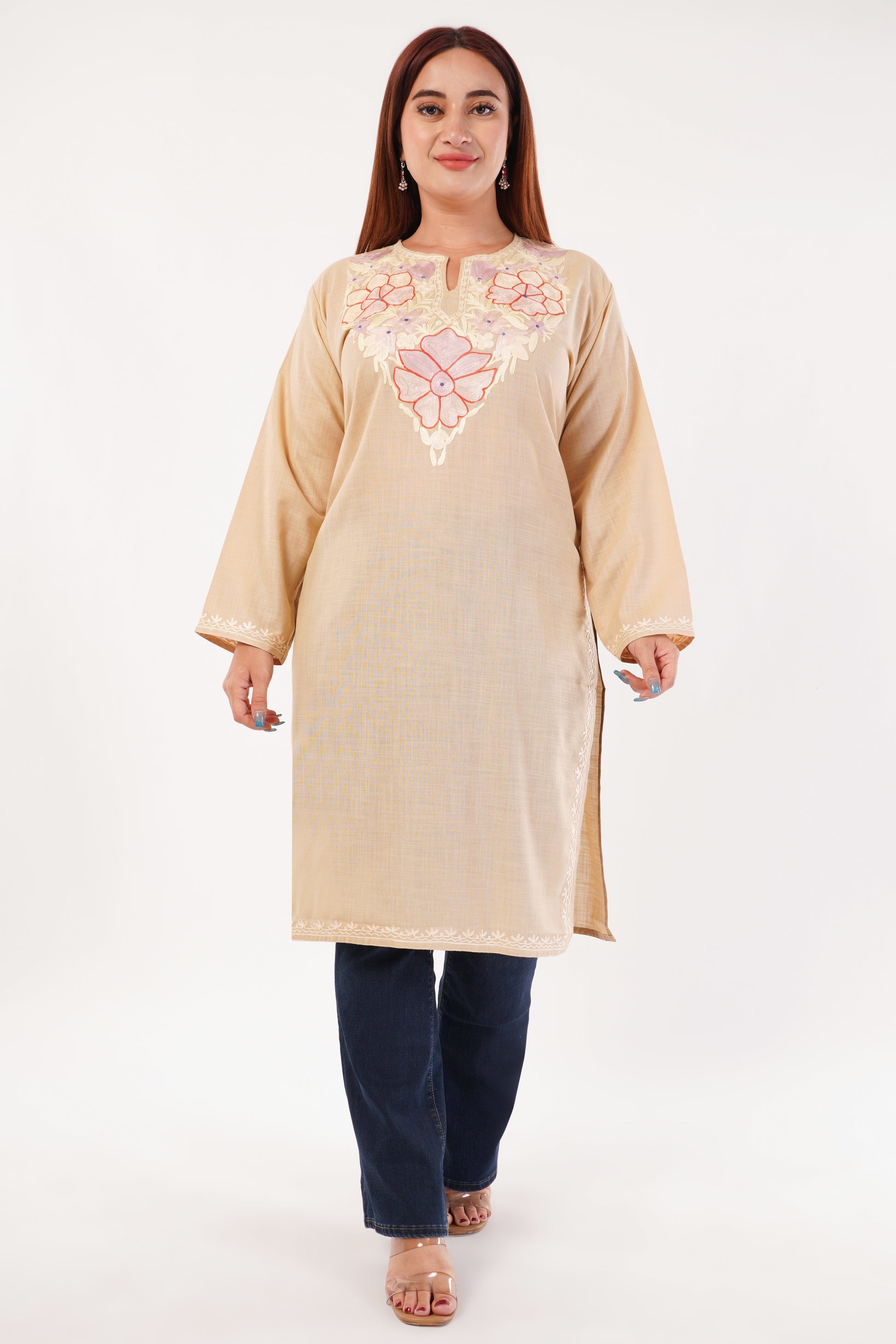 Kashmiri Aari embroidery Cotton Long Kurti Size-44(Beige)