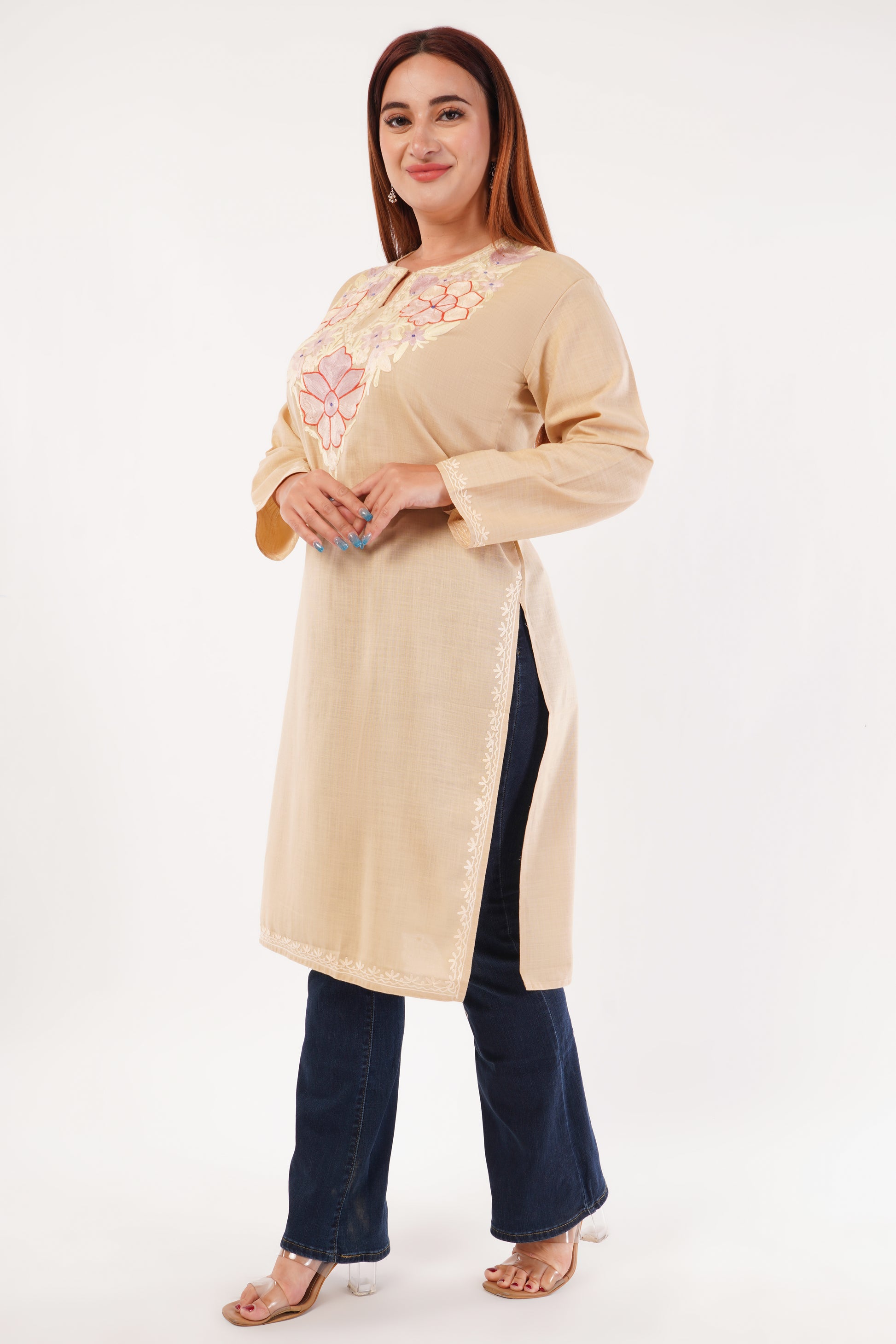 Kashmiri Aari embroidery Cotton Long Kurti Size-44(Beige)