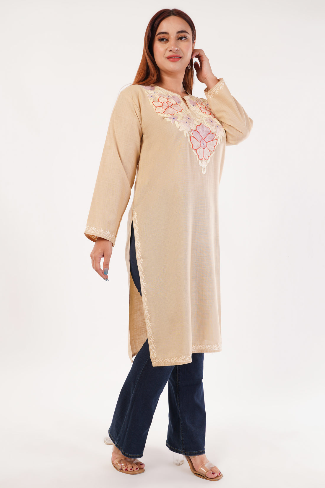 Kashmiri Aari embroidery Cotton Long Kurti Size-44(Beige)