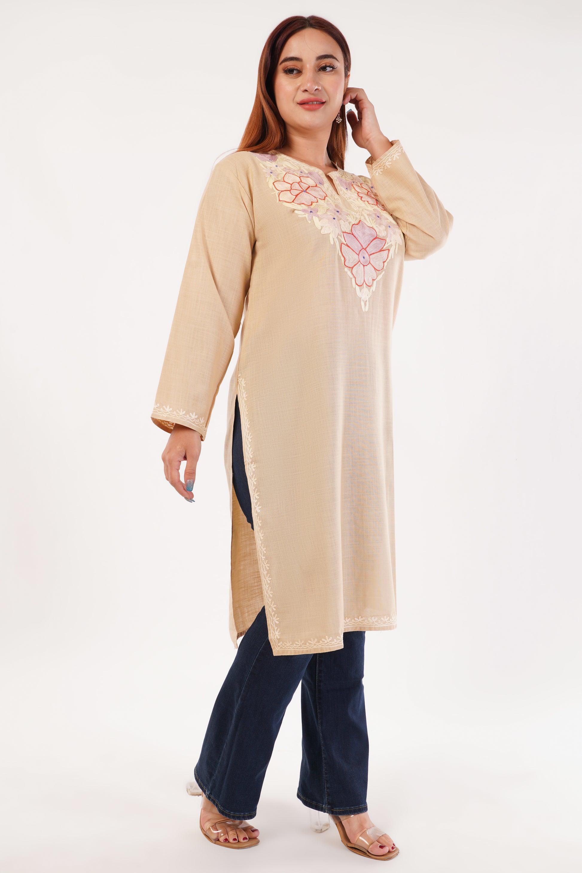 Kashmiri Aari embroidery Cotton Long Kurti Size-44(Beige)