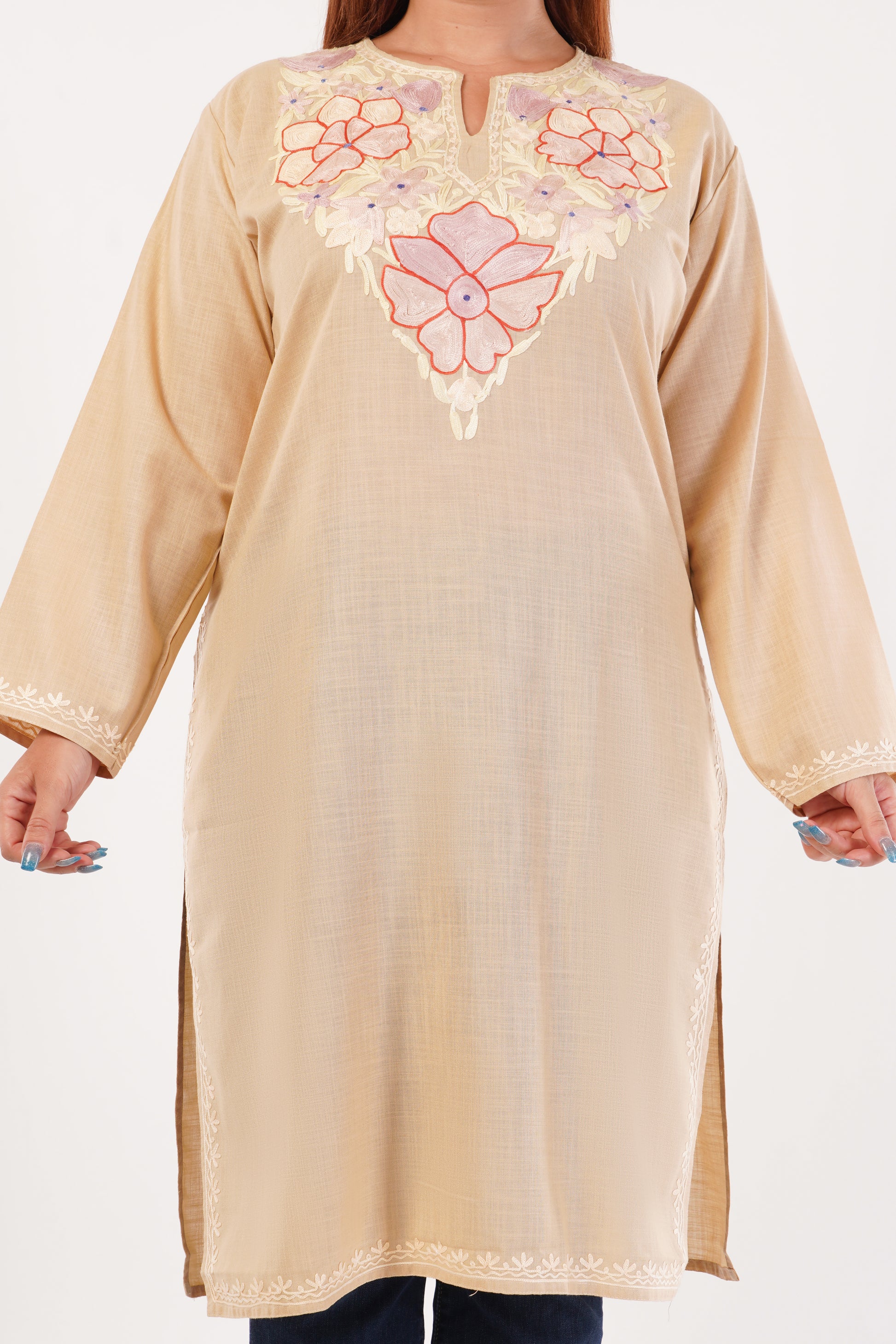 Kashmiri Aari embroidery Cotton Long Kurti Size-44(Beige)