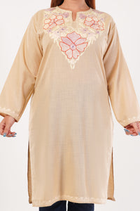 Kashmiri Aari embroidery Cotton Long Kurti Size-44(Beige)