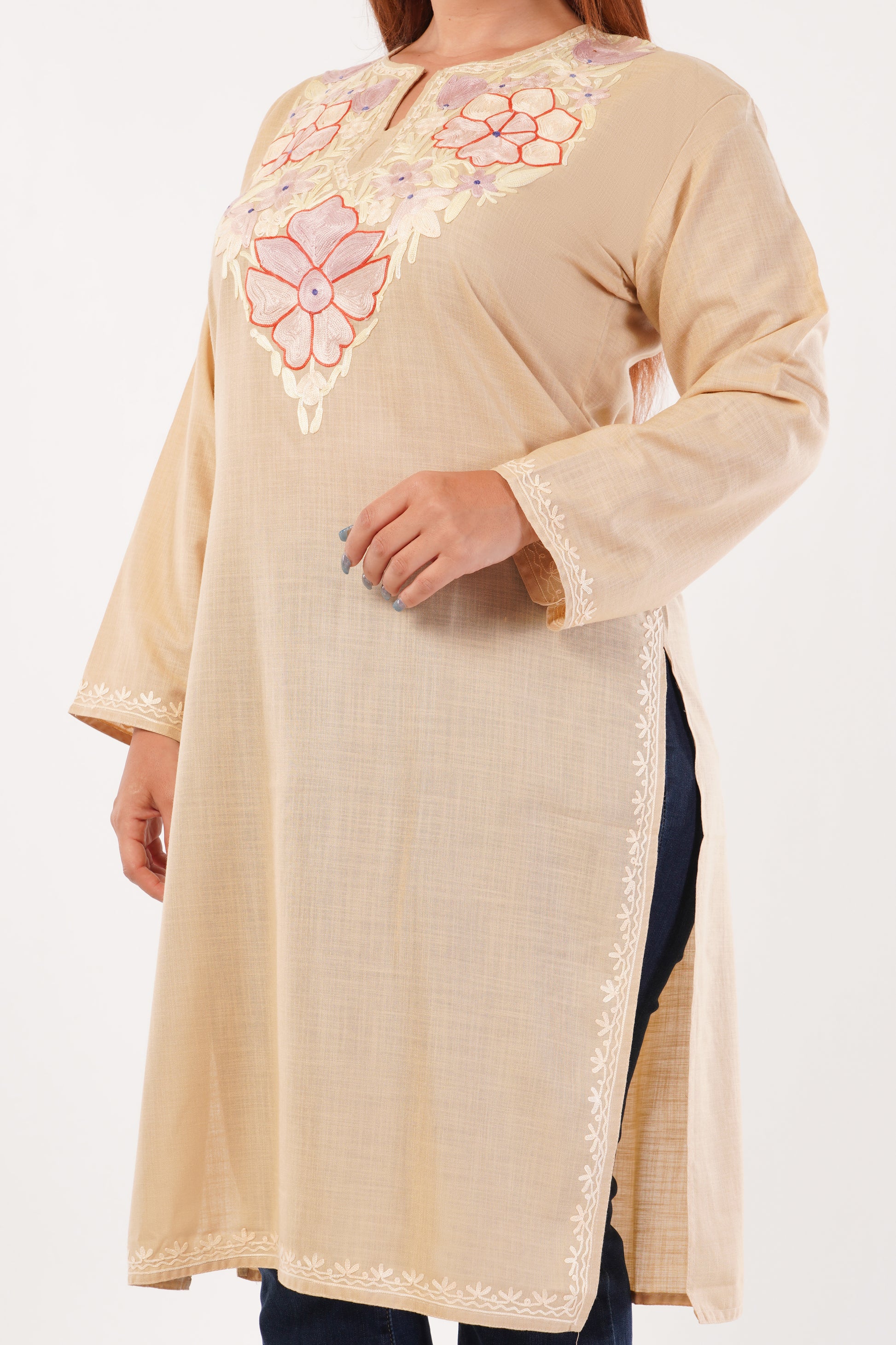 Kashmiri Aari embroidery Cotton Long Kurti Size-44(Beige)
