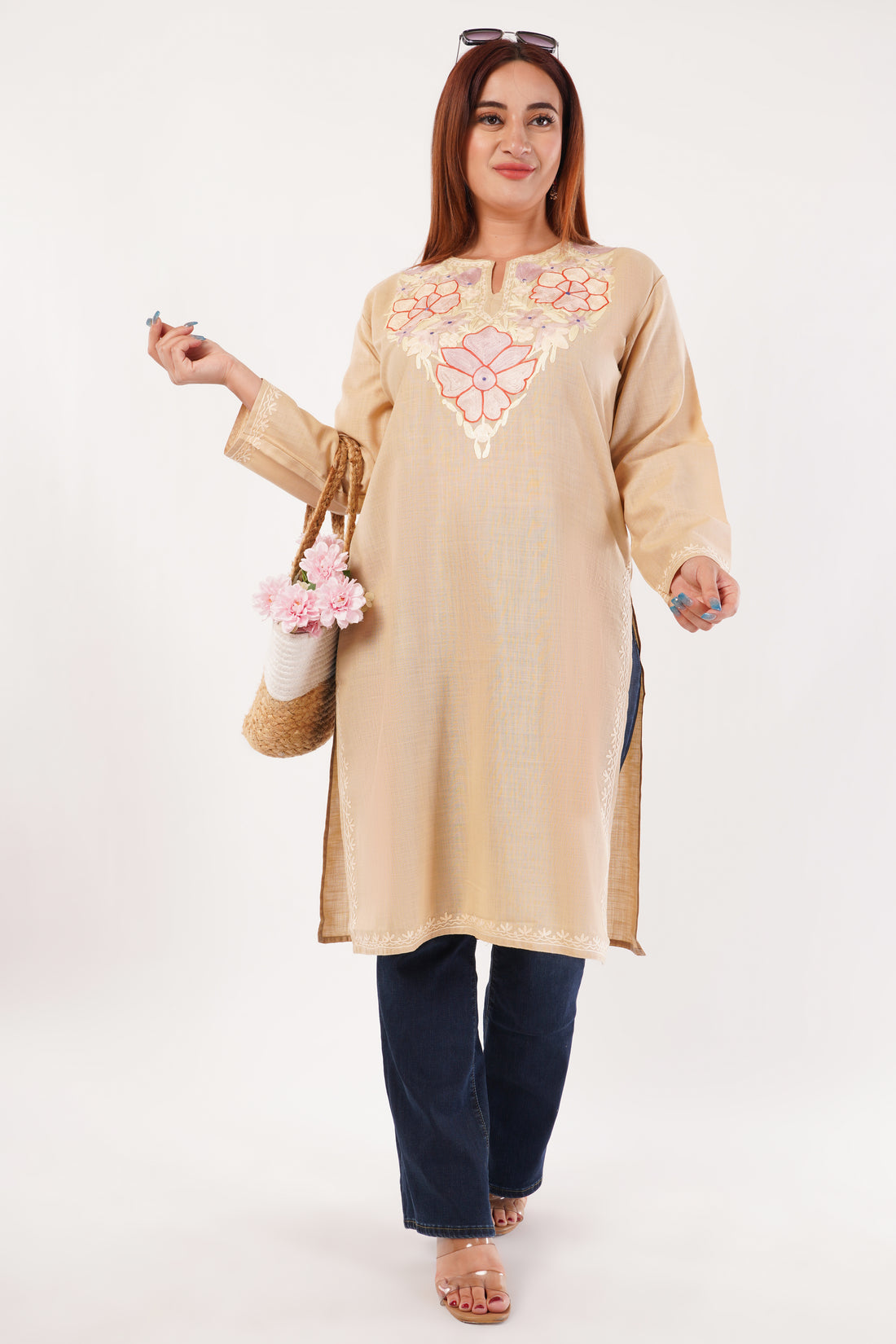 Kashmiri Aari embroidery Cotton Long Kurti Size-44(Beige)