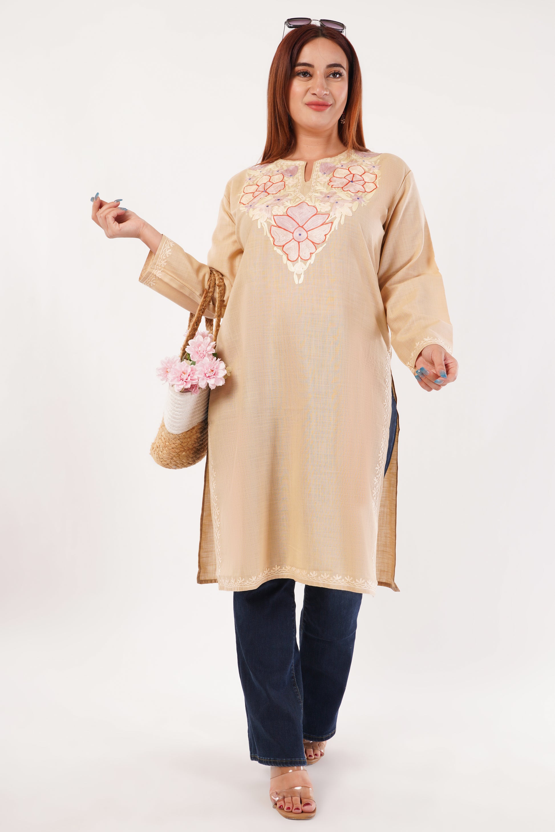 Kashmiri Aari embroidery Cotton Long Kurti Size-44(Beige)