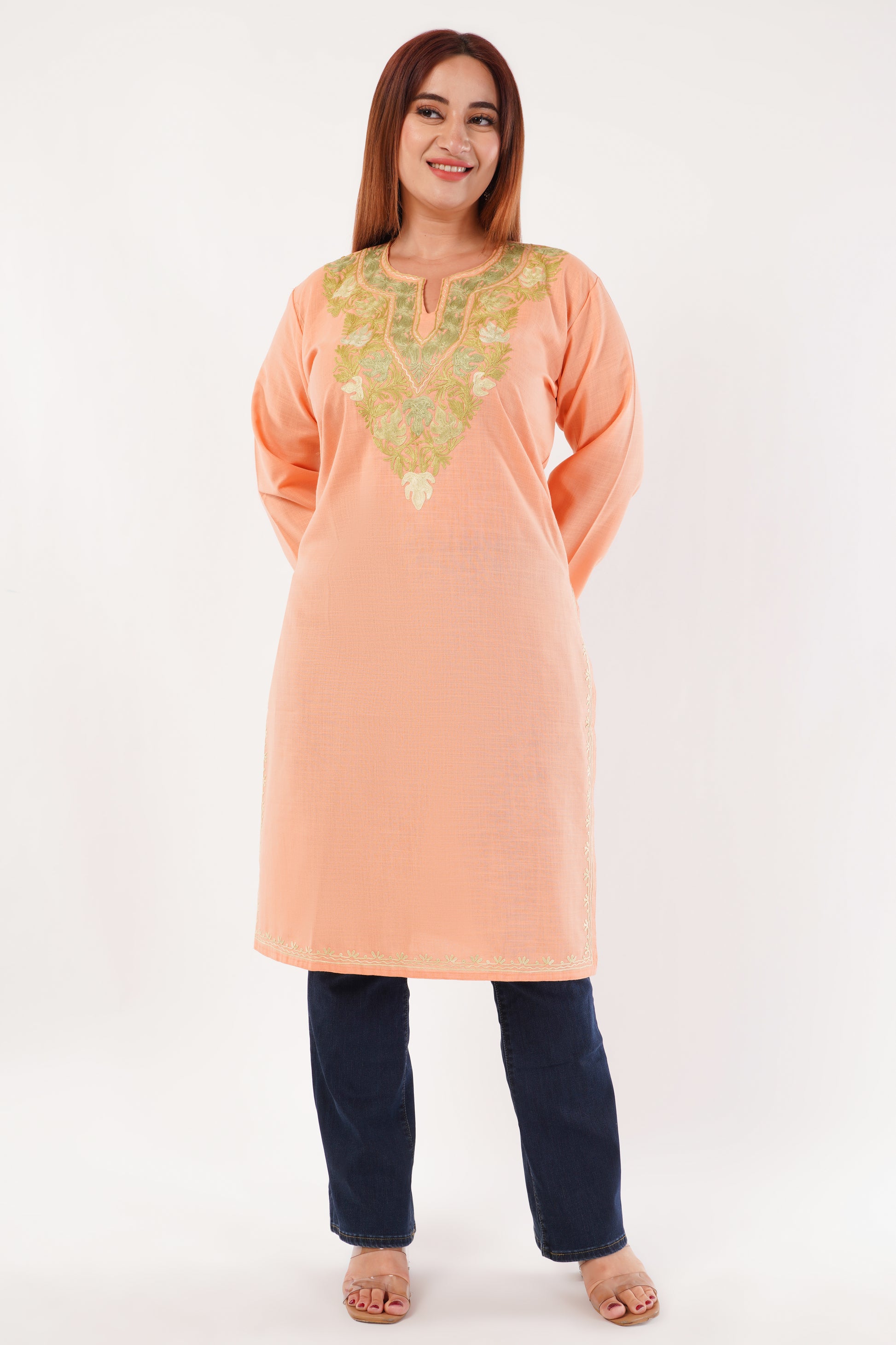 Kashmiri Aari embroidery Cotton Long Kurti Size-44(Peach)