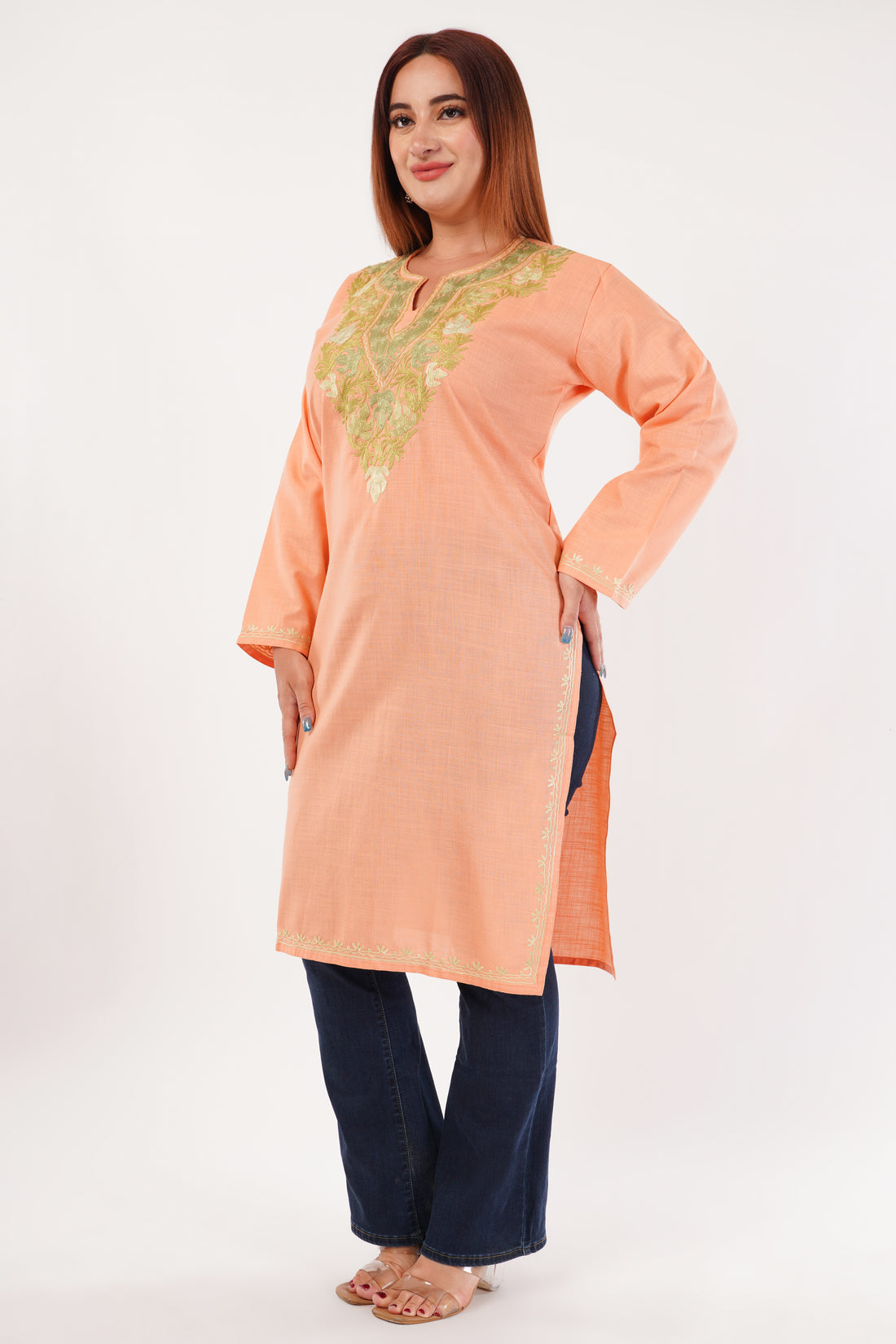 Kashmiri Aari embroidery Cotton Long Kurti Size-44(Peach)