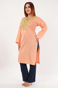 Kashmiri Aari embroidery Cotton Long Kurti Size-44(Peach)