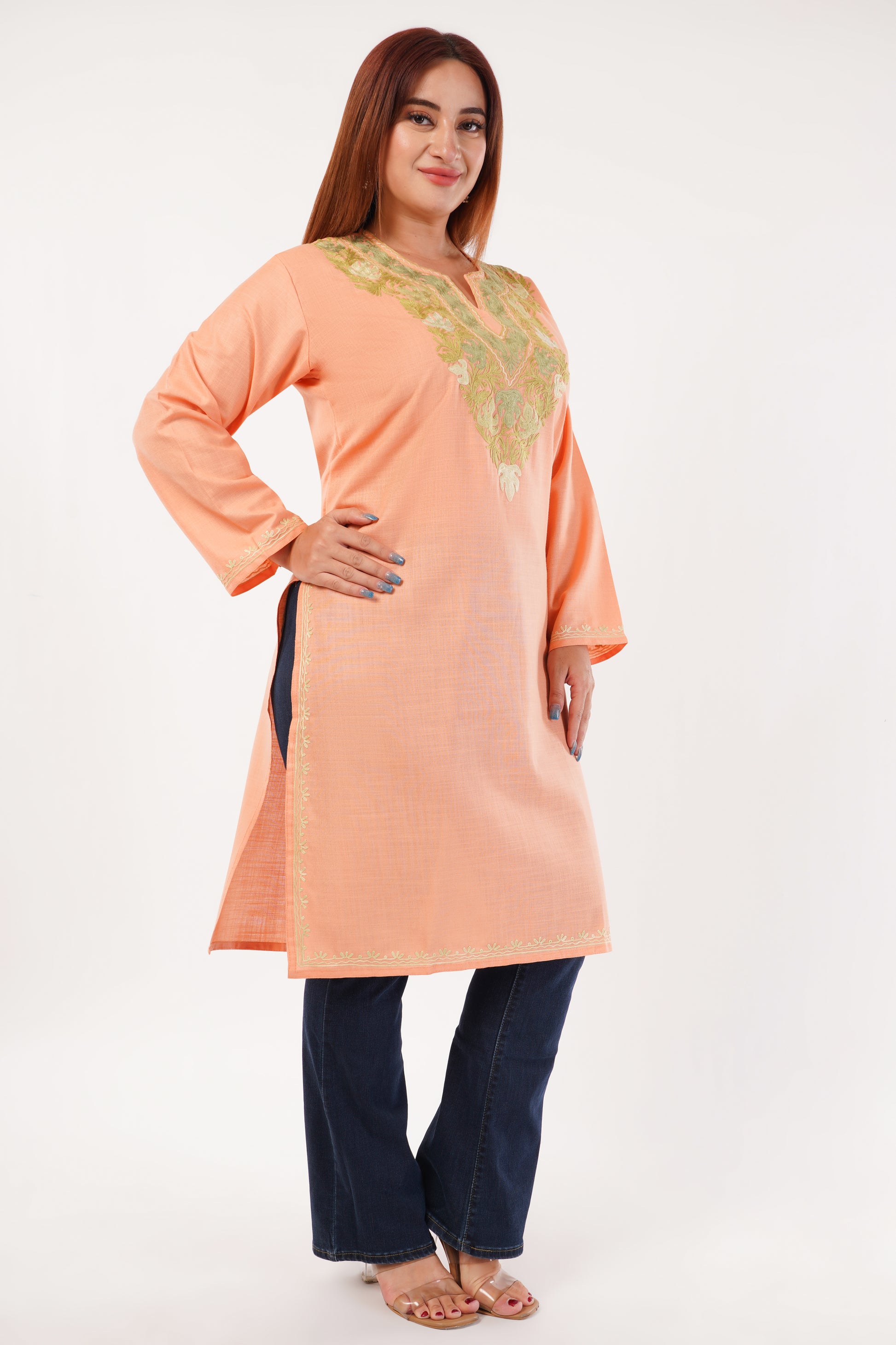 Kashmiri Aari embroidery Cotton Long Kurti Size-44(Peach)