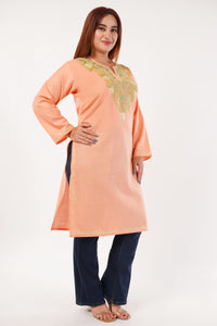 Kashmiri Aari embroidery Cotton Long Kurti Size-44(Peach)