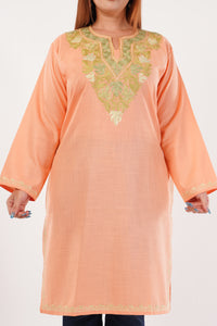 Kashmiri Aari embroidery Cotton Long Kurti Size-44(Peach)