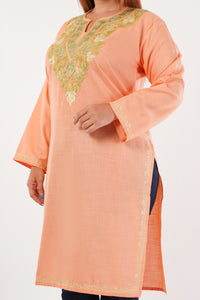 Kashmiri Aari embroidery Cotton Long Kurti Size-44(Peach)