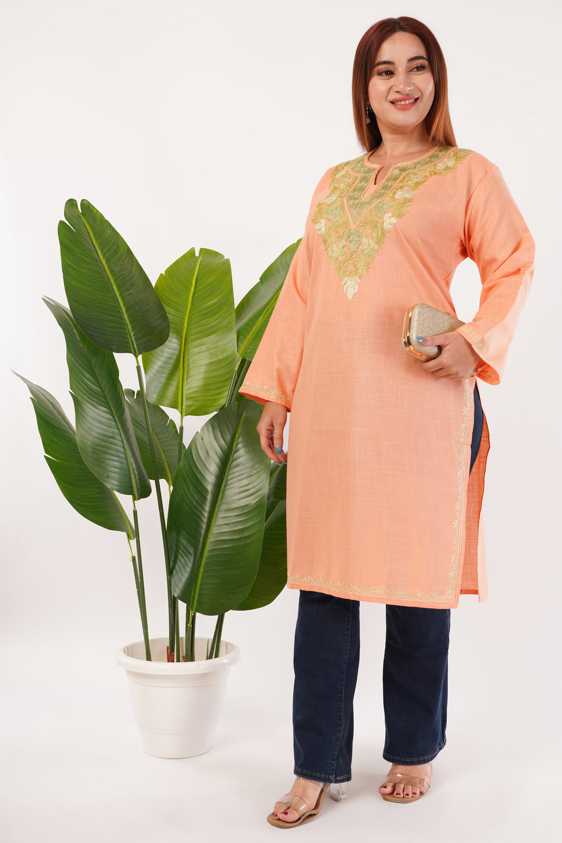 Kashmiri Aari embroidery Cotton Long Kurti Size-44(Peach)