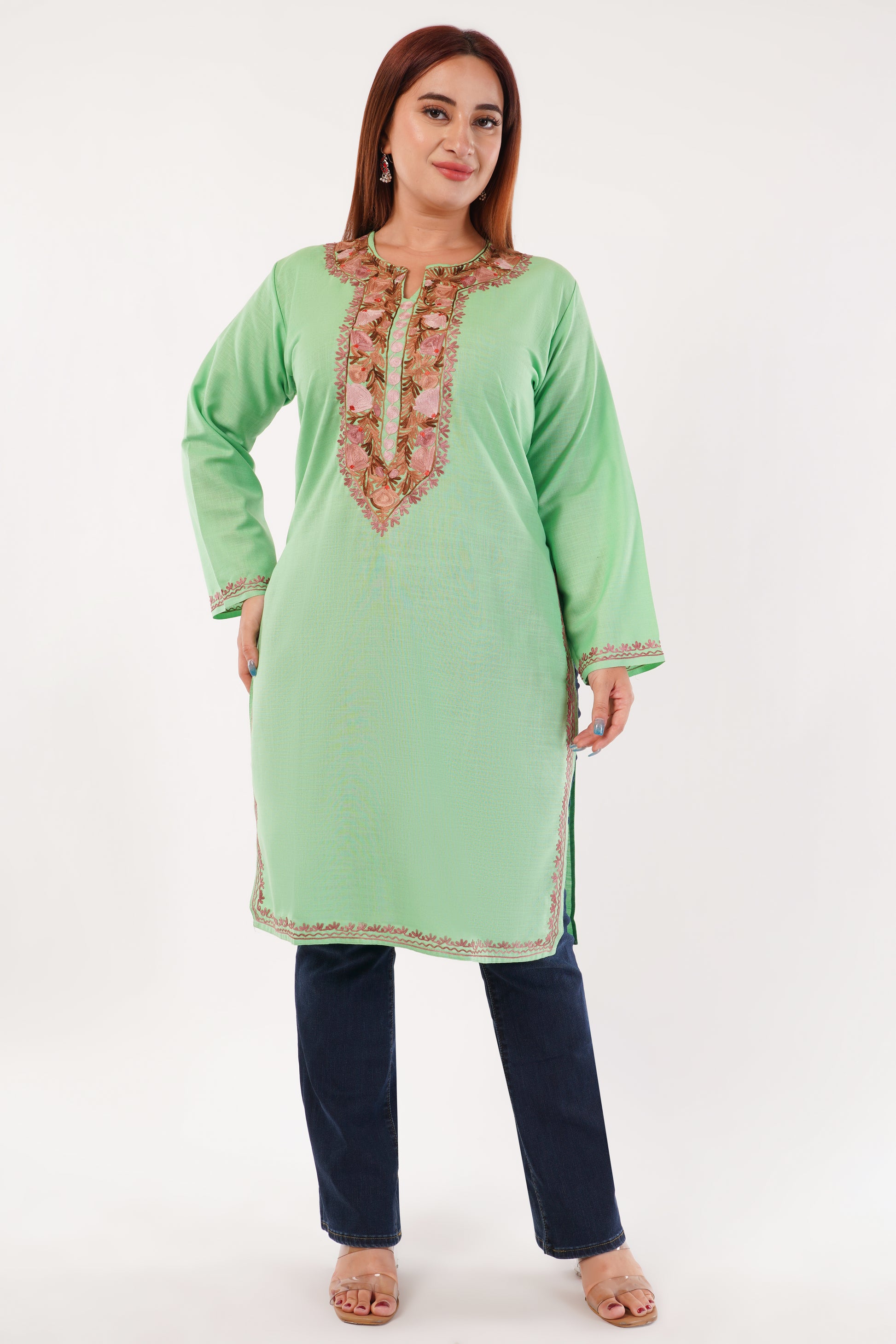 Kashmiri Aari embroidery Cotton Long Kurti Size-44(Green)
