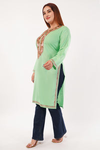Kashmiri Aari embroidery Cotton Long Kurti Size-44(Green)