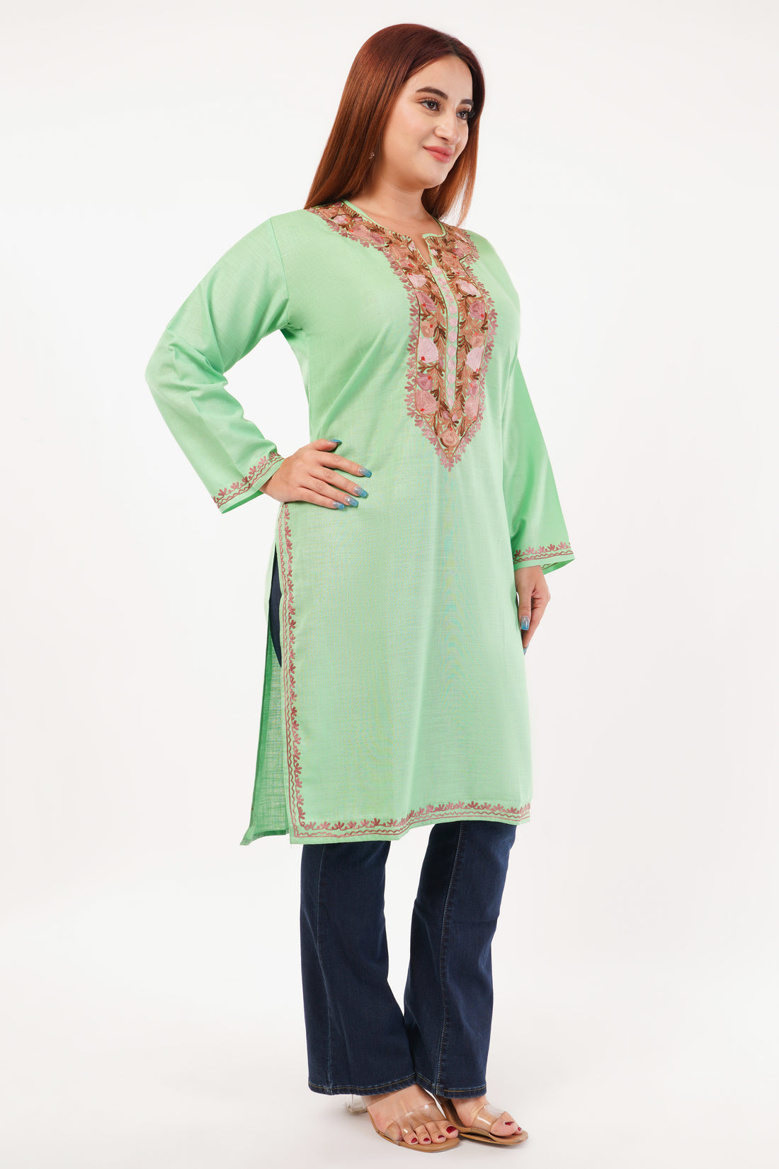 Kashmiri Aari embroidery Cotton Long Kurti Size-44(Green)