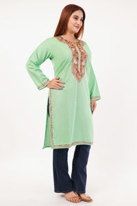 Kashmiri Aari embroidery Cotton Long Kurti Size-44(Green)
