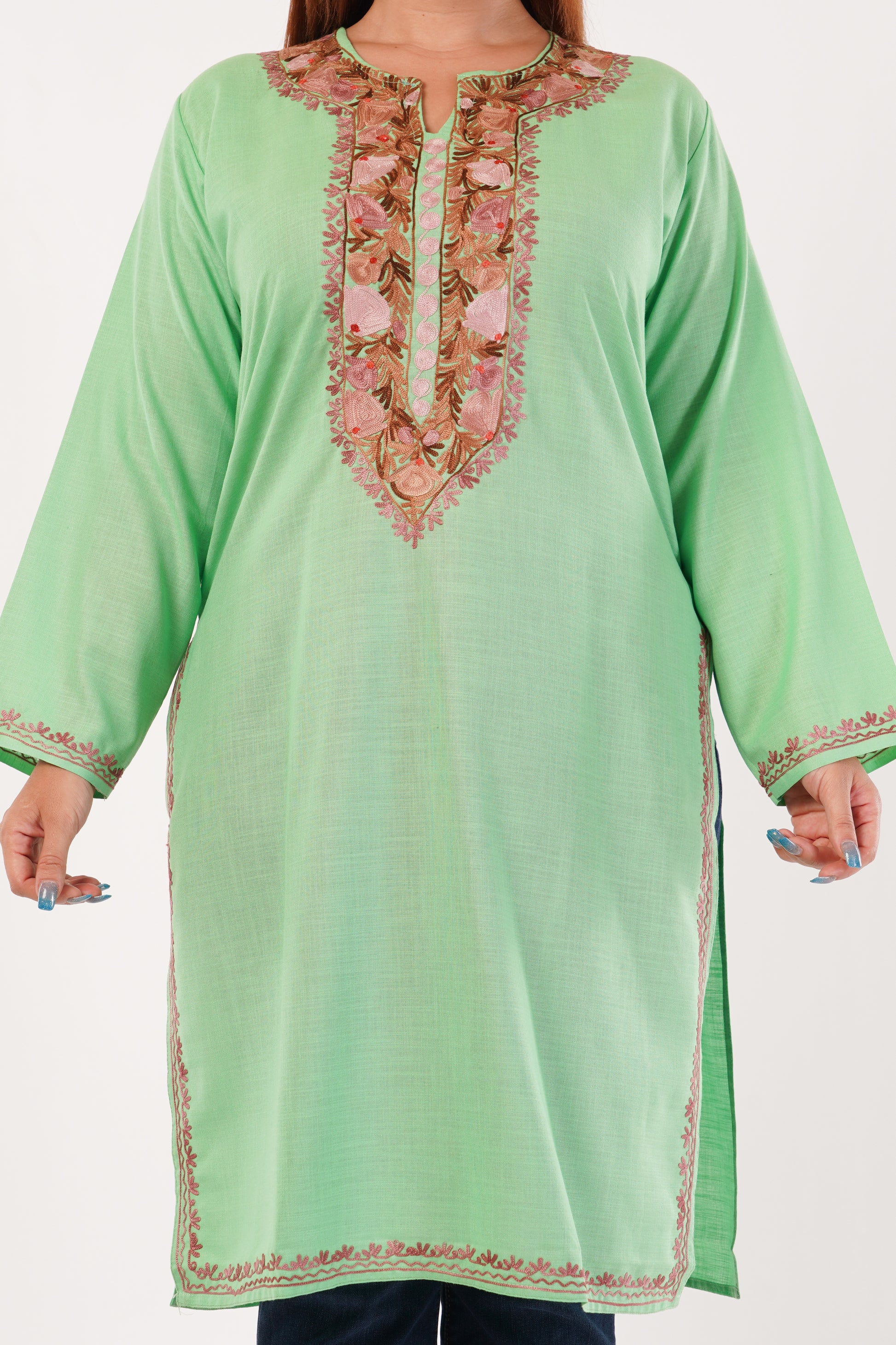 Kashmiri Aari embroidery Cotton Long Kurti Size-44(Green)