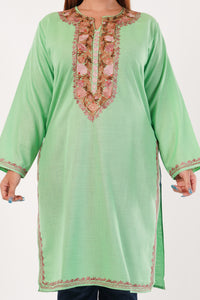 Kashmiri Aari embroidery Cotton Long Kurti Size-44(Green)