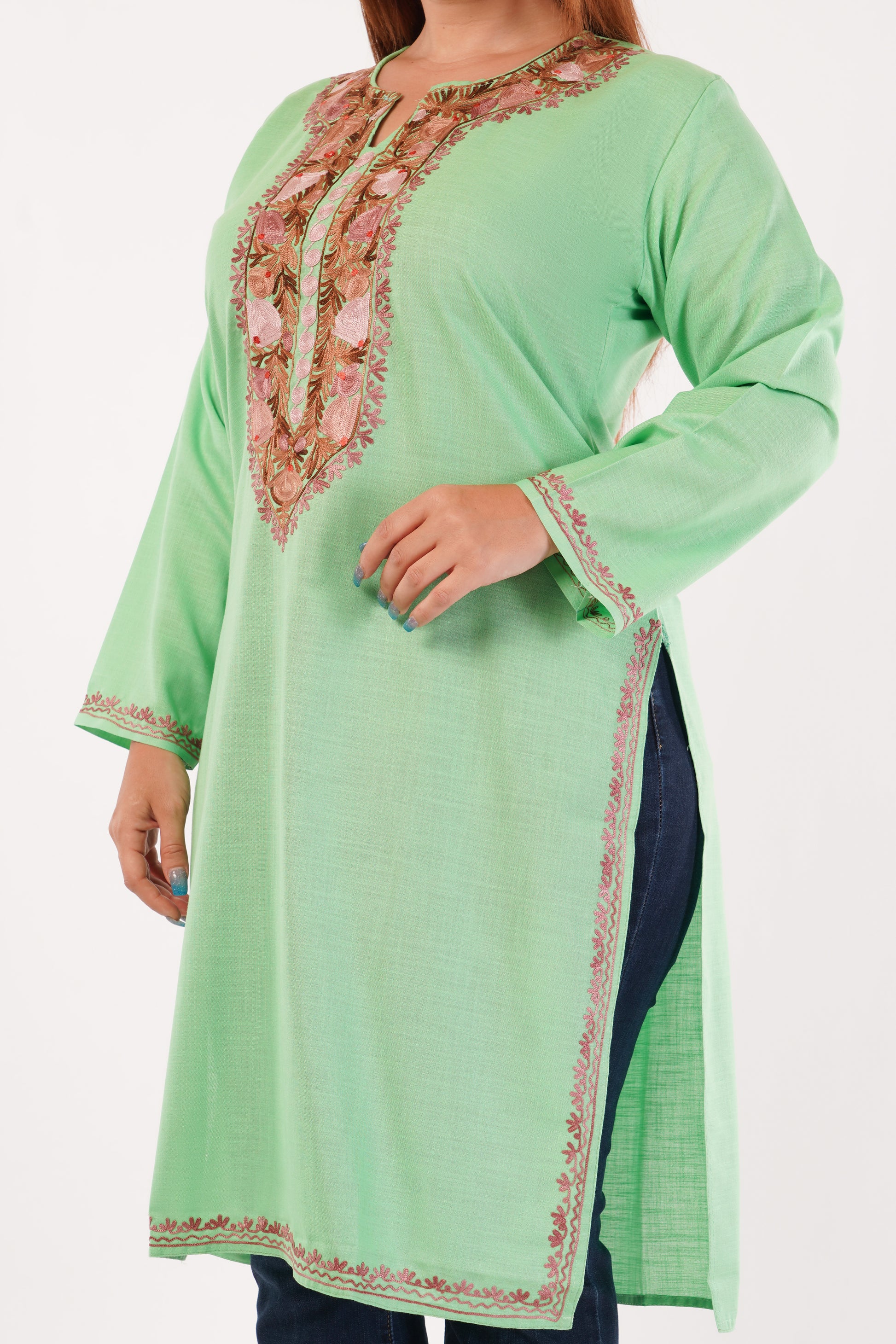 Kashmiri Aari embroidery Cotton Long Kurti Size-44(Green)