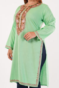 Kashmiri Aari embroidery Cotton Long Kurti Size-44(Green)