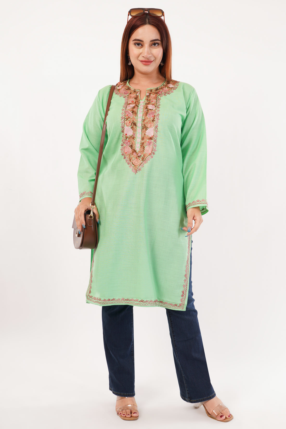 Kashmiri Aari embroidery Cotton Long Kurti Size-44(Green)