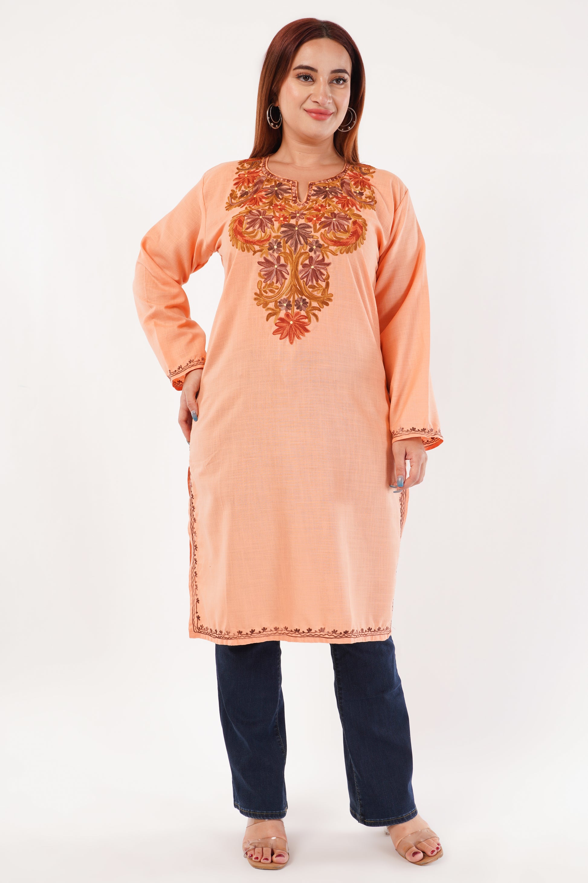 Kashmiri Aari embroidery Cotton Long Kurti Size-44(Peach)