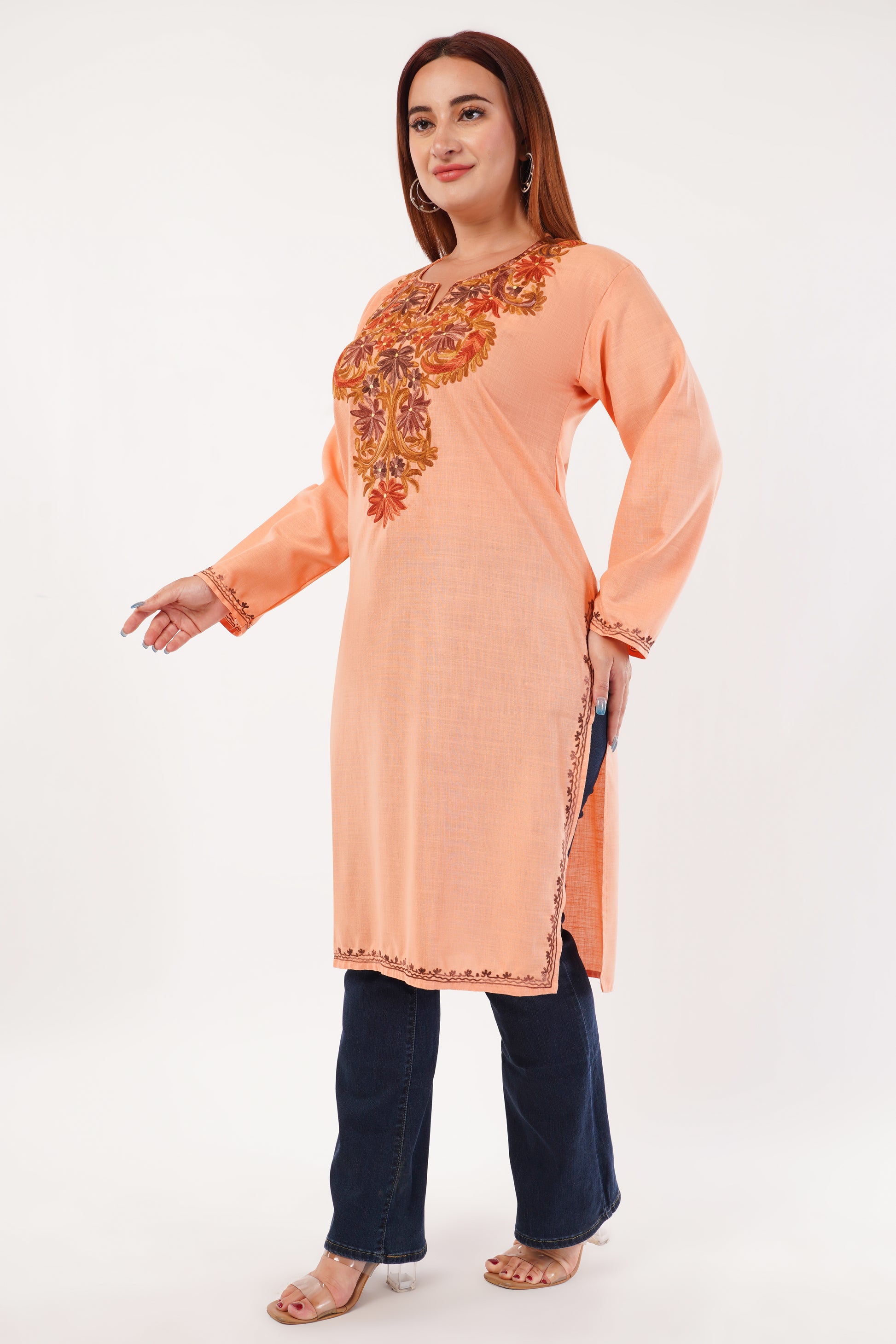 Kashmiri Aari embroidery Cotton Long Kurti Size-44(Peach)